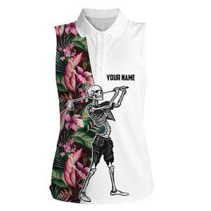 Funny Skull women sleeveless golf polo shirt Custom tropical leaves floral Skull playing golf apparel NQS6093