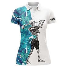 Load image into Gallery viewer, Funny Skull Womens golf polo shirts tropical turquoise leaves custom Skull playing golf apparel NQS6094