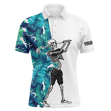 Load image into Gallery viewer, Funny Skull Mens Golf polo shirts tropical turquoise leaves custom Skull playing golf apparel NQS6094