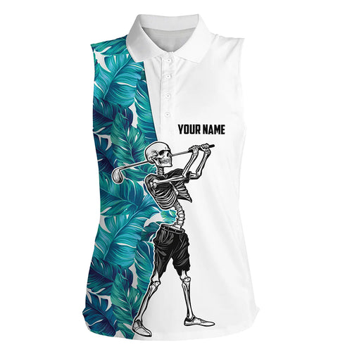 Funny Skull womens sleeveless polo shirt Custom tropical turquoise leaves Skull playing golf apparel NQS6094