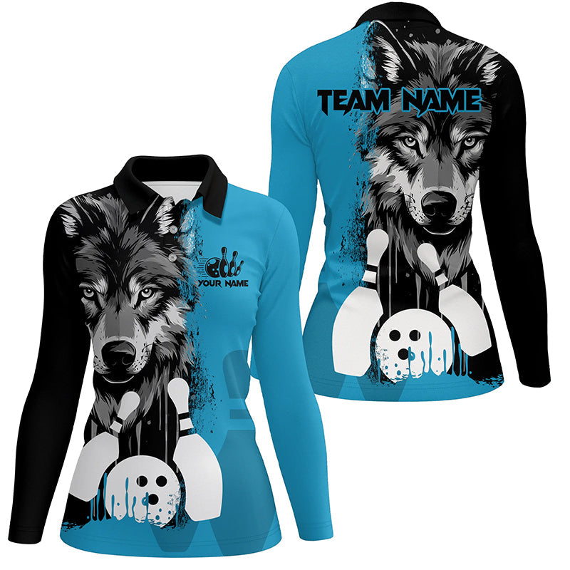 Black and Blue Wolf Bowling Polo, Quarter Zip Shirts For Women Custom Bowling Team League Jerseys NQS8642