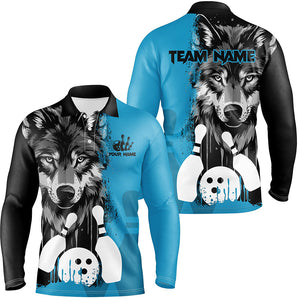 Black and Blue Wolf Bowling Polo, Quarter Zip Shirts For Men Custom Bowling Team League Jerseys NQS8642