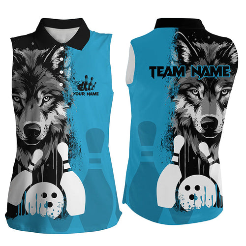 Black and Blue Wolf Bowling sleeveless polo Shirts For Women Custom Bowling Team League Jerseys NQS8642