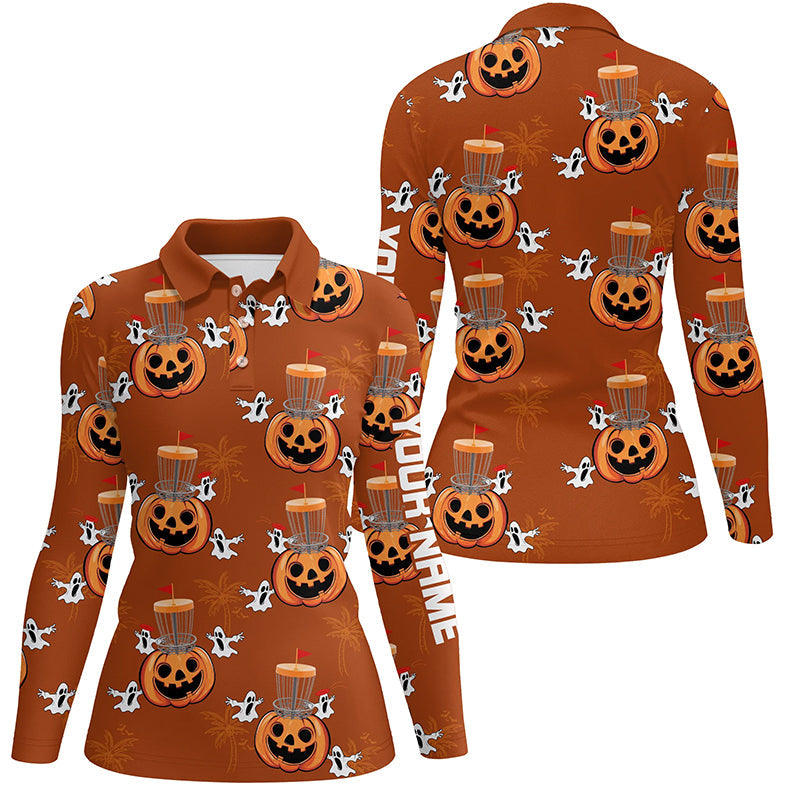 Funny Halloween Boo pumpkin Disc golf pattern Women golf polo shirt custom Halloween ladies golf tops NQS8645