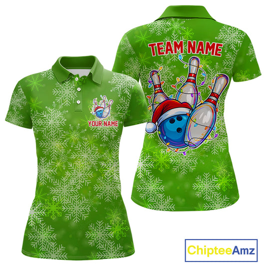 Personalized Funny Green Snowflake Christmas Bowling Team Shirts For Women, Christmas Bowling Gifts NQS10831
