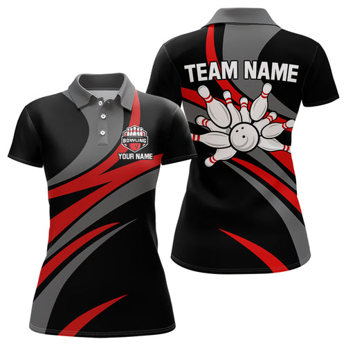 Red and Black Bowling Polo, Quarter Zip Shirts For Women Custom Bowling Team Jersey, Gift For Bowlers NQS9125