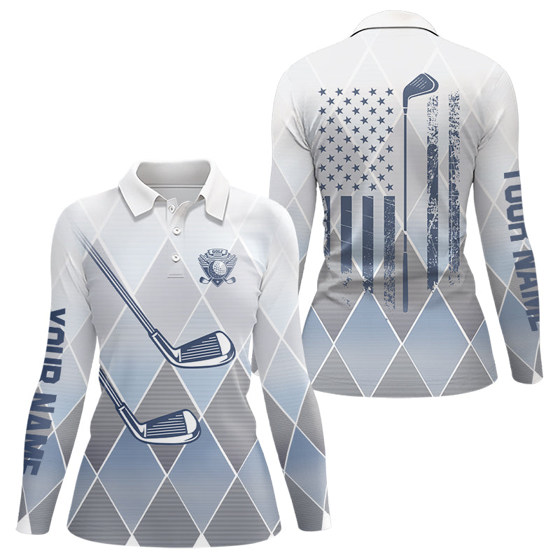 Blue argyle pattern American flag Golf clubs Womens Golf Polo Shirts Custom Golf shirt for ladies NQS9126