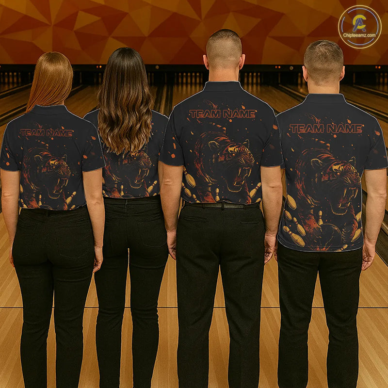 Personalized Black and Orange Tiger Bowling Team Polo, 1/4 Zip Shirts For Women, Tiger Bowling Jersey NQS11203