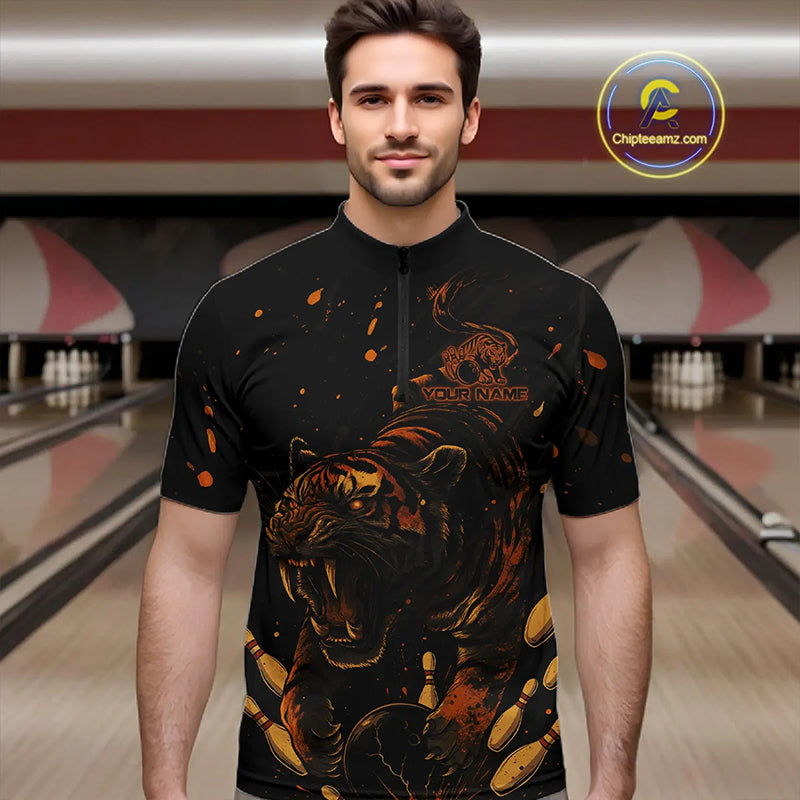 Personalized Black and Orange Tiger Bowling Team Polo, 1/4 Zip Shirts For Men, Tiger Bowling Jerseys NQS11203