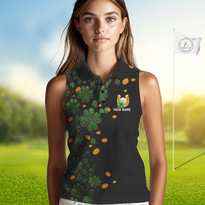 Personalized Green Clover St Patrick's Day pattern Sleeveless Golf Polo Shirts, Best ladies golf wear NQS11207