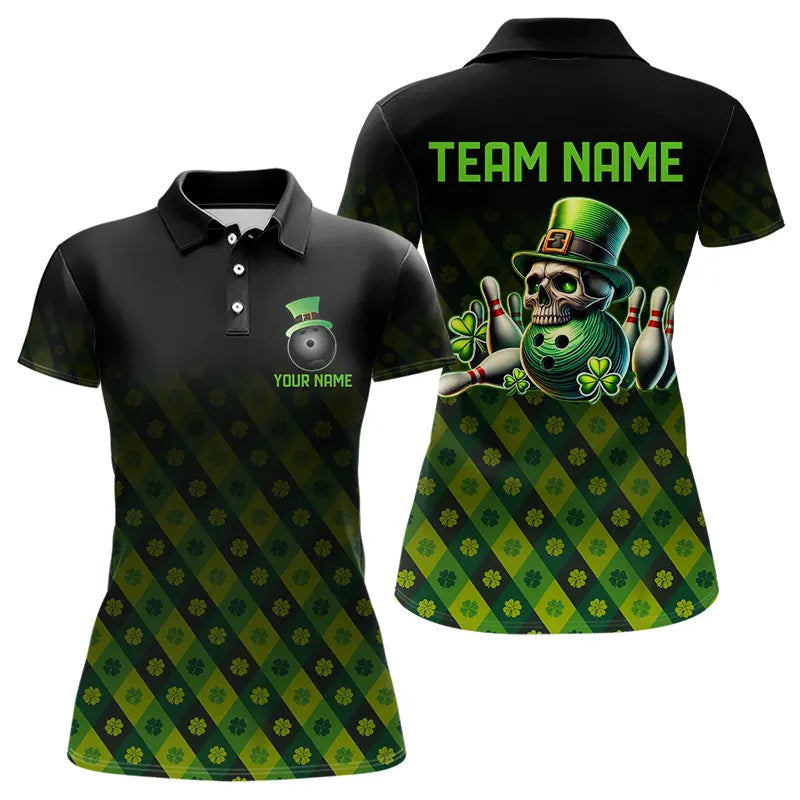 Black and Green Skull clover pattern Lucky Bowling shirts for Women Custom Bowling Team league Jerseys NQS9339