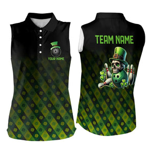 Black and Green Skull clover pattern Lucky Bowling Sleeveless Polo shirt Custom Bowling Team Jerseys NQS9339