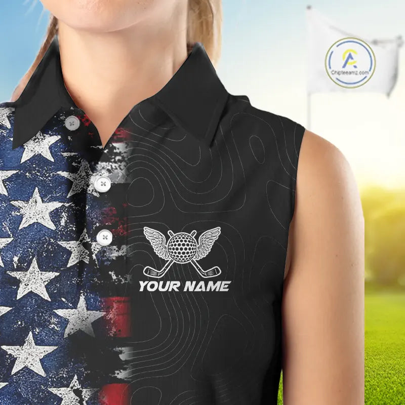 American Flag Eagle ladies sleeveless golf tops Custom patriotic golf shirts for ladies golf apparel NQS11407