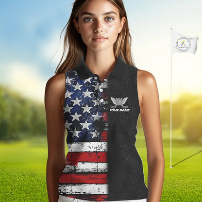 American Flag Eagle ladies sleeveless golf tops Custom patriotic golf shirts for ladies golf apparel NQS11407