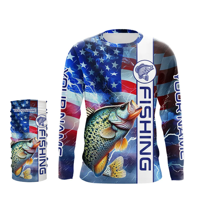 American flag Crappie lingtning Long Sleeve Fishing Shirts custom Patriotic Crappie fishing jerseys NQS9472