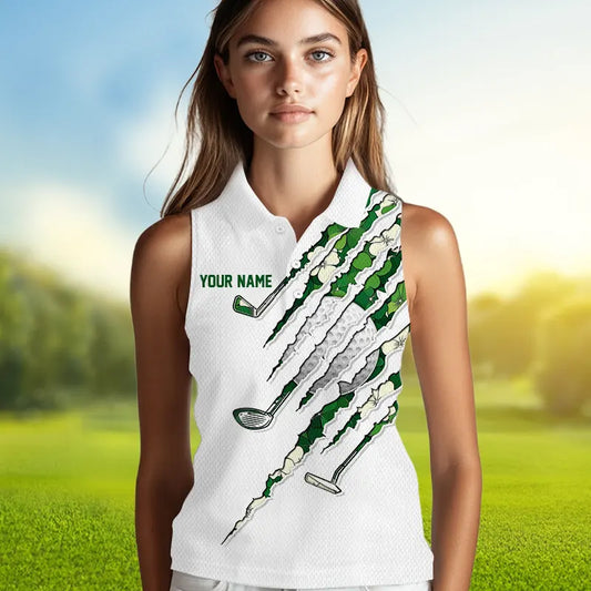 Green shamrock pattern White Women sleeveless polo Custom golf clubs St Patrick day ladies golf attire NQS9476