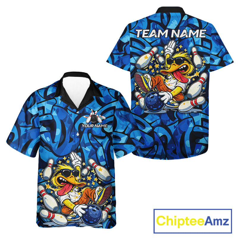 Funny Duck Bowling Hawaiian Shirts Custom Blue graffiti pattern Team Bowling Jerseys NQS11603