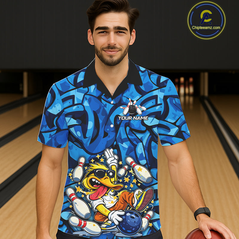Funny Duck Bowling Hawaiian Shirts Custom Blue graffiti pattern Team Bowling Jerseys NQS11603