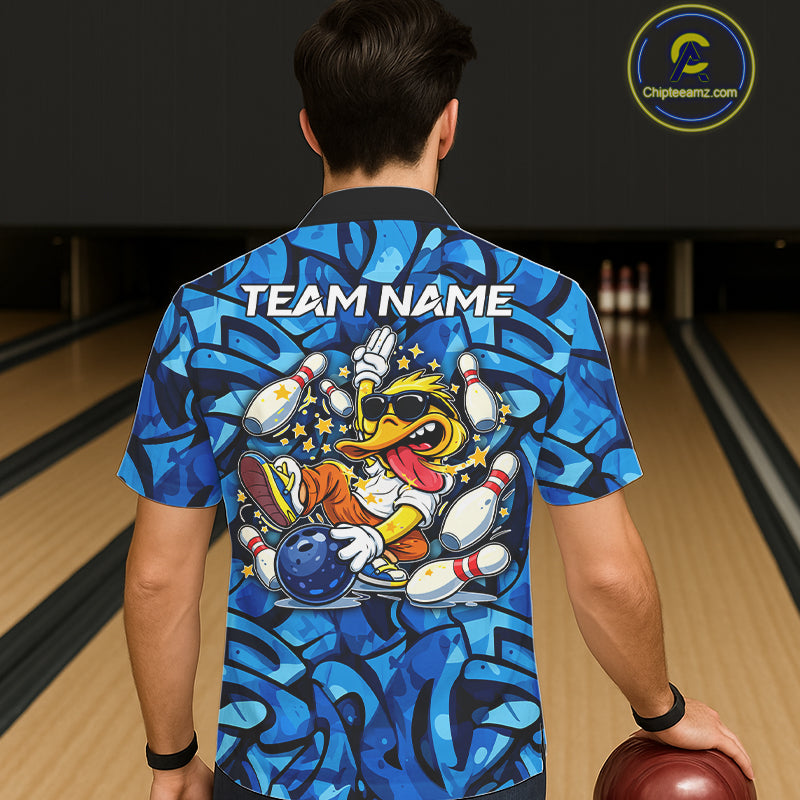 Funny Duck Bowling Hawaiian Shirts Custom Blue graffiti pattern Team Bowling Jerseys NQS11603