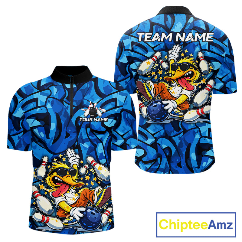 Funny Duck Bowling Polo, 1/4 Zip Shirts for Men Custom Blue graffiti pattern Team Bowling Jerseys NQS11603