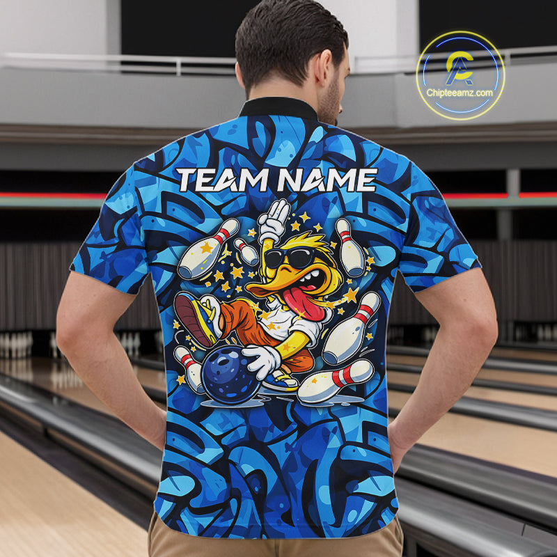 Funny Duck Bowling Polo, 1/4 Zip Shirts for Men Custom Blue graffiti pattern Team Bowling Jerseys NQS11603