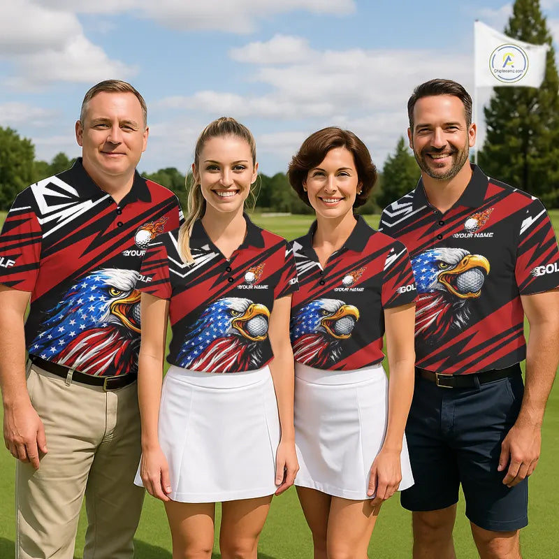 Custom Black and Red Camo American Flag Eagle Women Golf Polo shirts, patriotic team ladies golf tops NQS11608