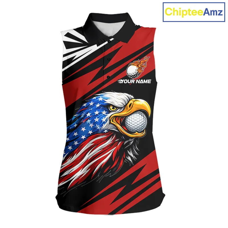 Custom Black and Red Camo American Flag Eagle Sleeveless Golf Polo shirt, patriotic ladies golf tops NQS11608