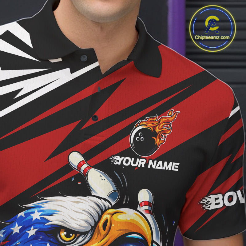 Custom Black and Red Camo American Flag Eagle Bowling shirts for men, patriotic bowling team shirts NQS11609
