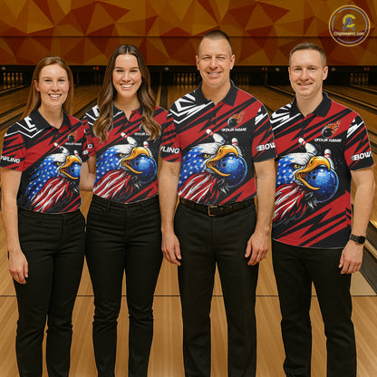 Custom Black and Red Camo American Flag Eagle Bowling shirts for men, patriotic bowling team shirts NQS11609
