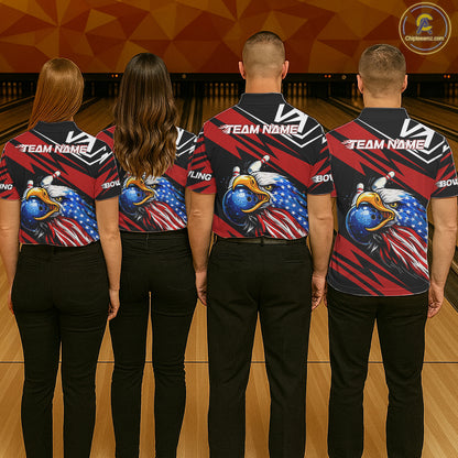 Custom Black and Red Camo American Flag Eagle Bowling shirts for men, patriotic bowling team shirts NQS11609