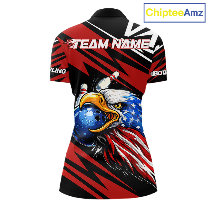 Custom Black and Red Camo American Flag Eagle Bowling shirts for Women, patriotic bowling team shirts NQS11609