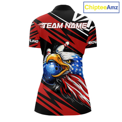 Custom Black and Red Camo American Flag Eagle Bowling shirts for Women, patriotic bowling team shirts NQS11609