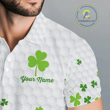 Load image into Gallery viewer, Custom Green shamrock pattern White Golf Polo shirts for men, St Patrick's day team mens golf wears NQS11610