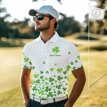 Load image into Gallery viewer, Custom Green shamrock pattern White Golf Polo shirts for men, St Patrick's day team mens golf wears NQS11610