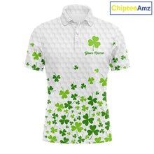 Load image into Gallery viewer, Custom Green shamrock pattern White Golf Polo shirts for men, St Patrick's day team mens golf wears NQS11610
