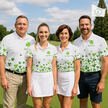 Load image into Gallery viewer, Custom Green shamrock pattern White Golf Polo shirts for men, St Patrick's day team mens golf wears NQS11610