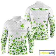Load image into Gallery viewer, Custom Green shamrock pattern White Golf Polo shirts for men, St Patrick's day team mens golf wears NQS11610