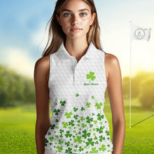 Load image into Gallery viewer, Custom Green shamrock pattern White Sleeveless Golf Polo shirt, St Patrick's day ladies golf shirts NQS11610