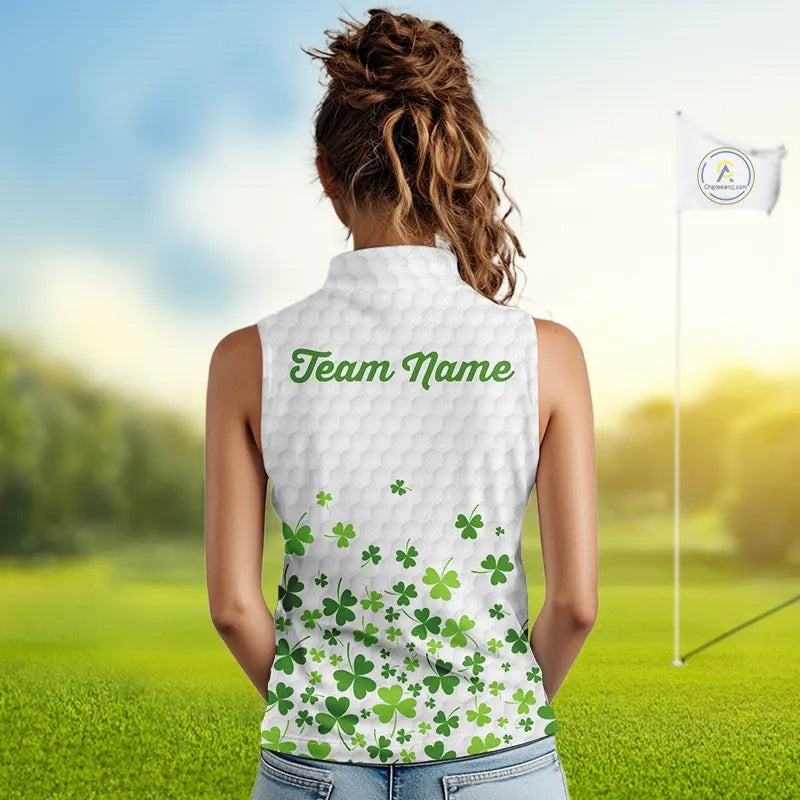 Custom Green shamrock pattern White Sleeveless Golf Polo shirt, St Patrick's day ladies golf shirts NQS11610