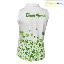Load image into Gallery viewer, Custom Green shamrock pattern White Sleeveless Golf Polo shirt, St Patrick's day ladies golf shirts NQS11610