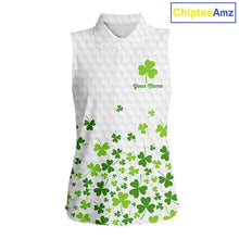 Load image into Gallery viewer, Custom Green shamrock pattern White Sleeveless Golf Polo shirt, St Patrick's day ladies golf shirts NQS11610