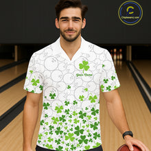 Load image into Gallery viewer, Custom Green shamrock pattern White Camo Button-up Bowling shirts St Patrick's day team bowling shirt NQS11611