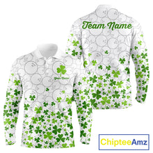 Load image into Gallery viewer, Custom Green shamrock pattern White Camo Bowling shirts for men, St Patrick's day team bowling shirts NQS11611