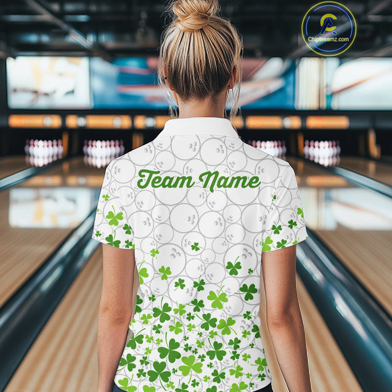 Custom Green shamrock pattern White Camo Bowling shirts for Women St Patrick's day team bowling shirt NQS11611