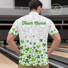 Load image into Gallery viewer, Custom Green shamrock pattern White Camo Bowling shirts for men, St Patrick's day team bowling shirts NQS11611