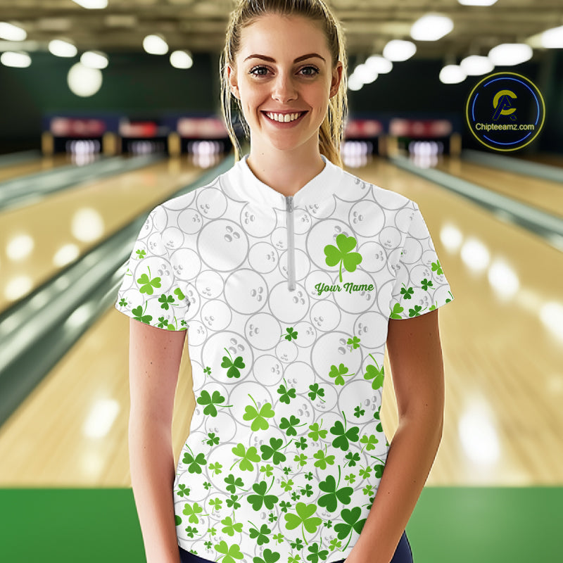 Custom Green shamrock pattern White Camo Bowling shirts for Women St Patrick's day team bowling shirt NQS11611