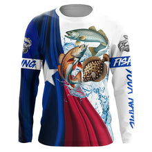 Load image into Gallery viewer, Texas slam flag patriotic redfish, trout, flounder fishing Custom Name 3D UV Protection Fishing Shirts NQS5172