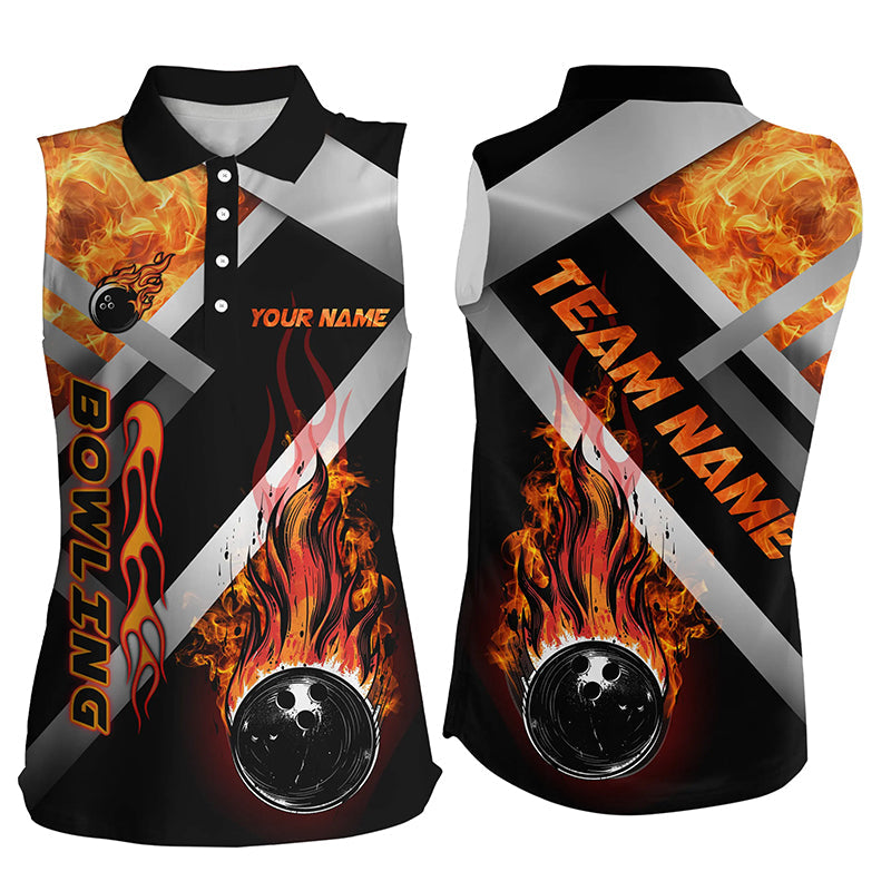 Women sleeveless polo shirts Custom Black bowling ball Flame Bowling Team Jerseys, gift for Bowlers NQS7432