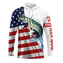 Load image into Gallery viewer, American flag patriotic Musky fishing Custom Name UV Protection long sleeve Fishing Shirts for men NQS5416