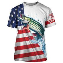 Load image into Gallery viewer, American flag patriotic Musky fishing Custom Name UV Protection long sleeve Fishing Shirts for men NQS5416